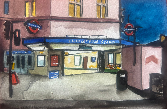 Finchley Road Underground Station. London. Postcard painting. Watercolour