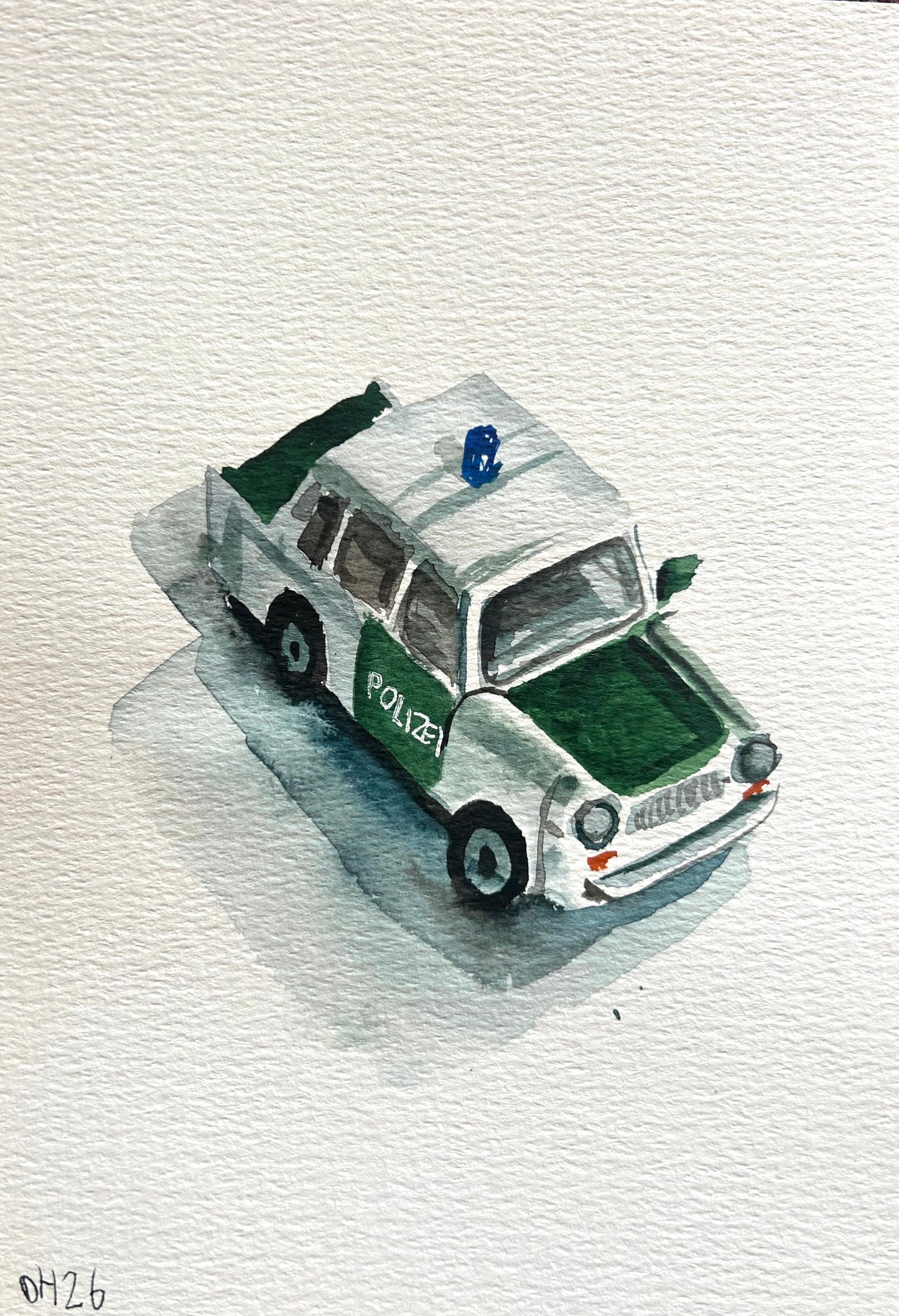 Fake Lego trabant police car. A5 Painting. watercolour.