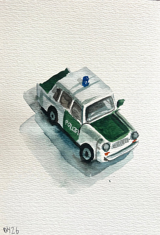 Fake Lego trabant police car. A5 Painting. watercolour.