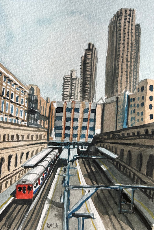 Barbican Underground Station, London. Postcard painting. Watercolour.