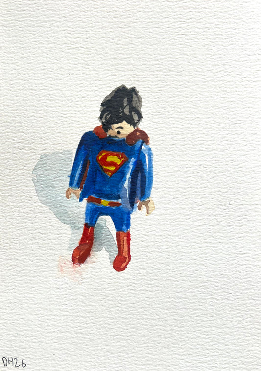 Playmobile Superman figure. A5 Painting. watercolour.
