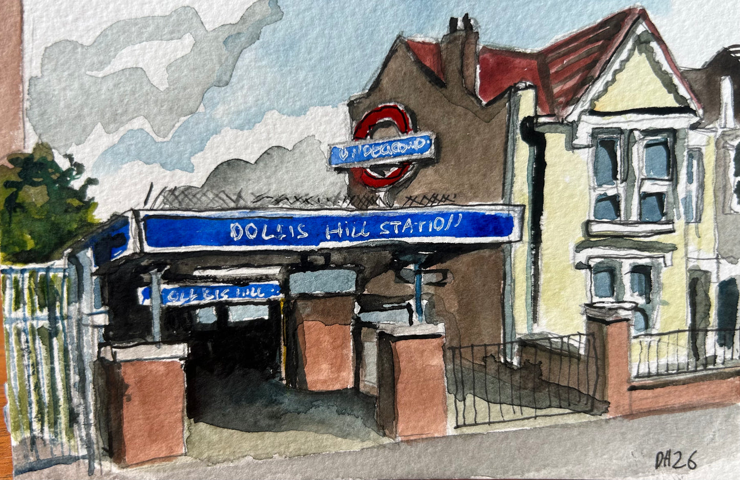 Dollis Hill Underground Station, London. Postcard painting. Watercolour.