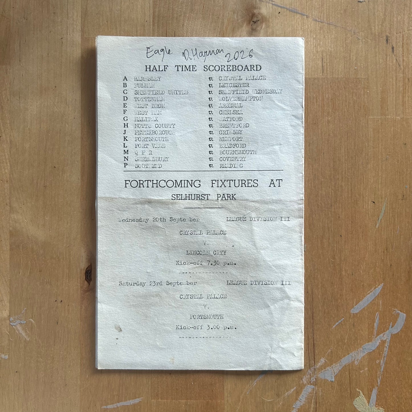 An Eagle painted onto a Crystal Palace v Cardiff City Reserves Programme 16.9.1961. Watercolour.