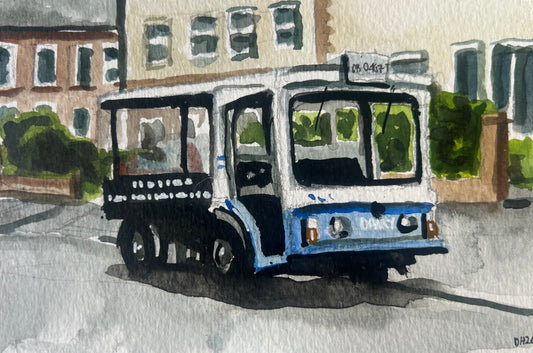 A milk float in Leyland. Postcard Painting. watercolour. (From a photo by Jane Dempsey)