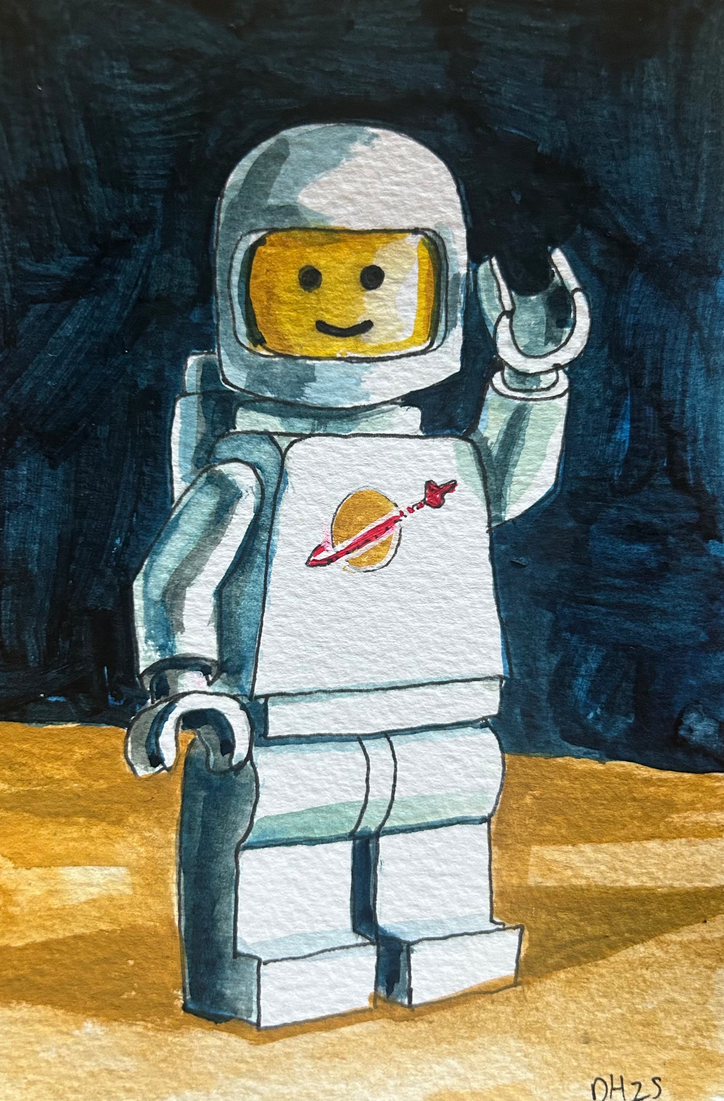 ‘Destroy Failure’ Postcard painting of a Lego Spaceman figure 1978.