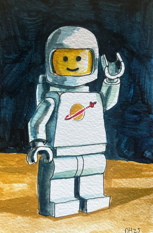 ‘Destroy Failure’ Postcard painting of a Lego Spaceman figure 1978.