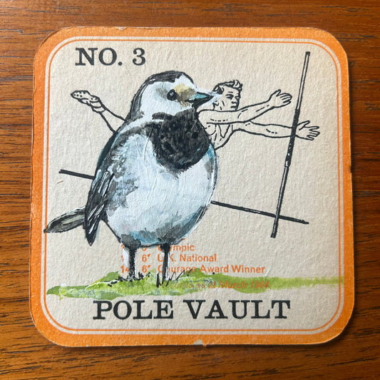 A Pied Wagtail painted onto a Courage Beer ‘In The Field’ athletics beer mat from 1964. Beermat painting. Watercolour.