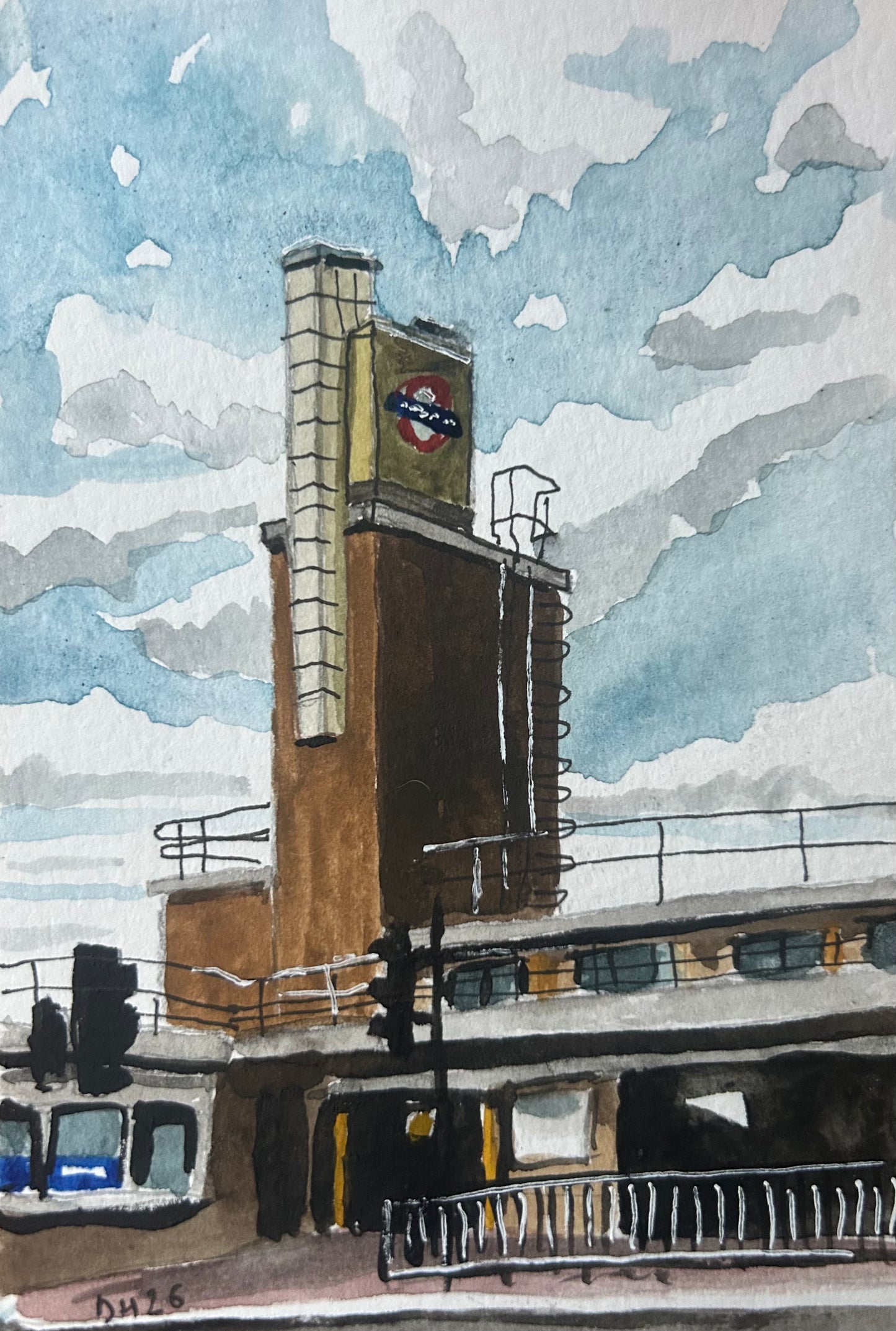 Boston Manor Underground Station, London. Postcard painting. Watercolour.