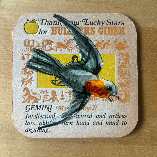 A Swift painted onto a 1970s Bulmer’s Cider Zodiac drinks mat (Gemini). Beermat painting. Watercolour.