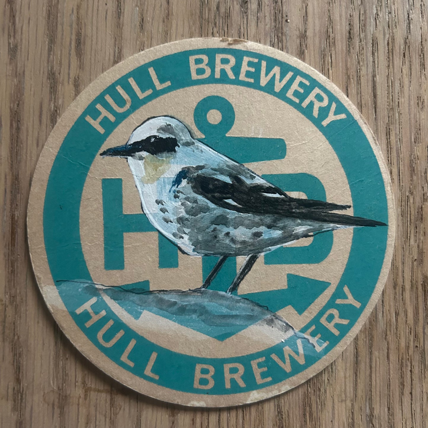 A Wheatear painted onto a Hull Brewery beer mat from 1970. Beermat painting. Watercolour.