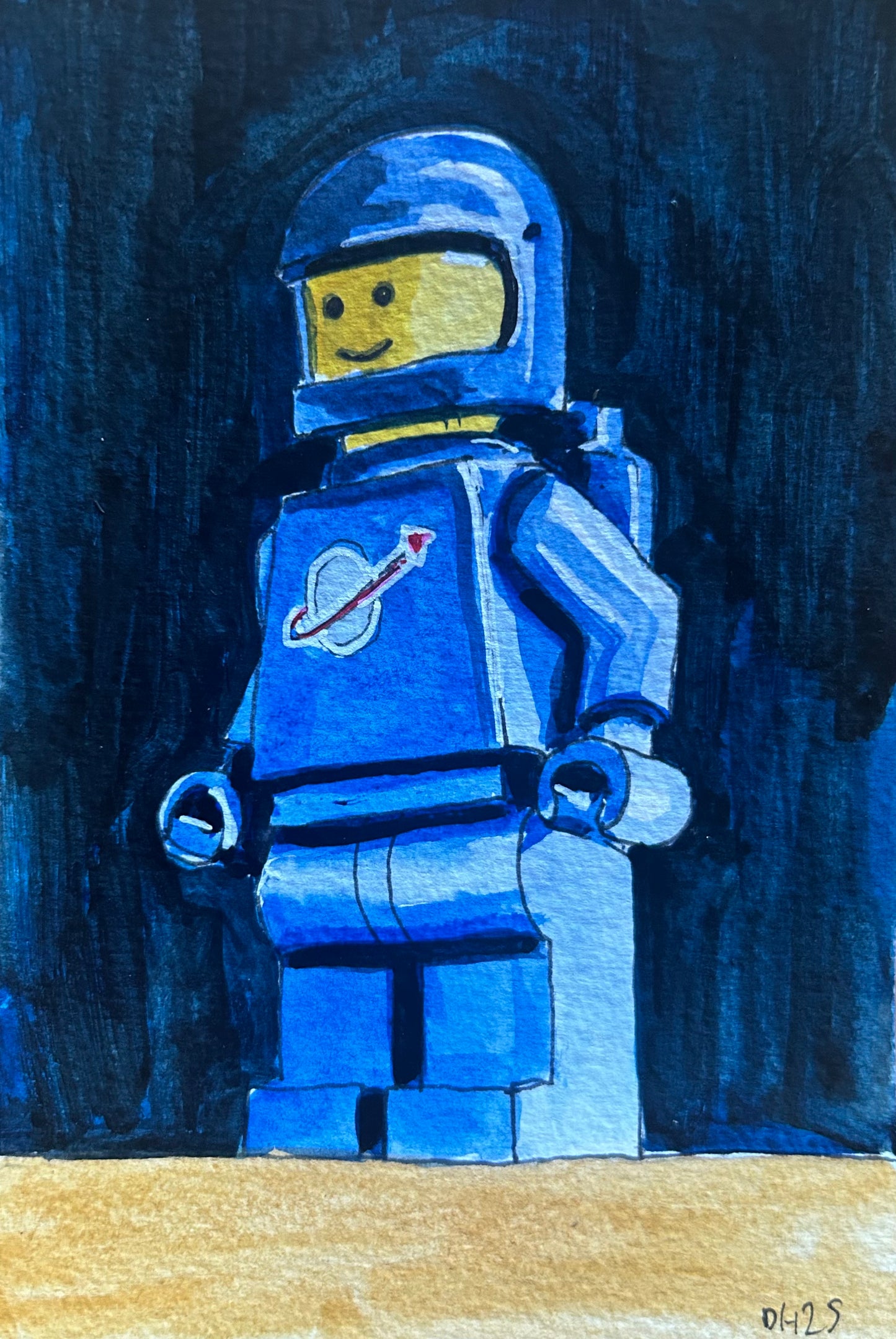 ‘Believe in Future’ Postcard painting of a Lego Spaceman figure 1978.