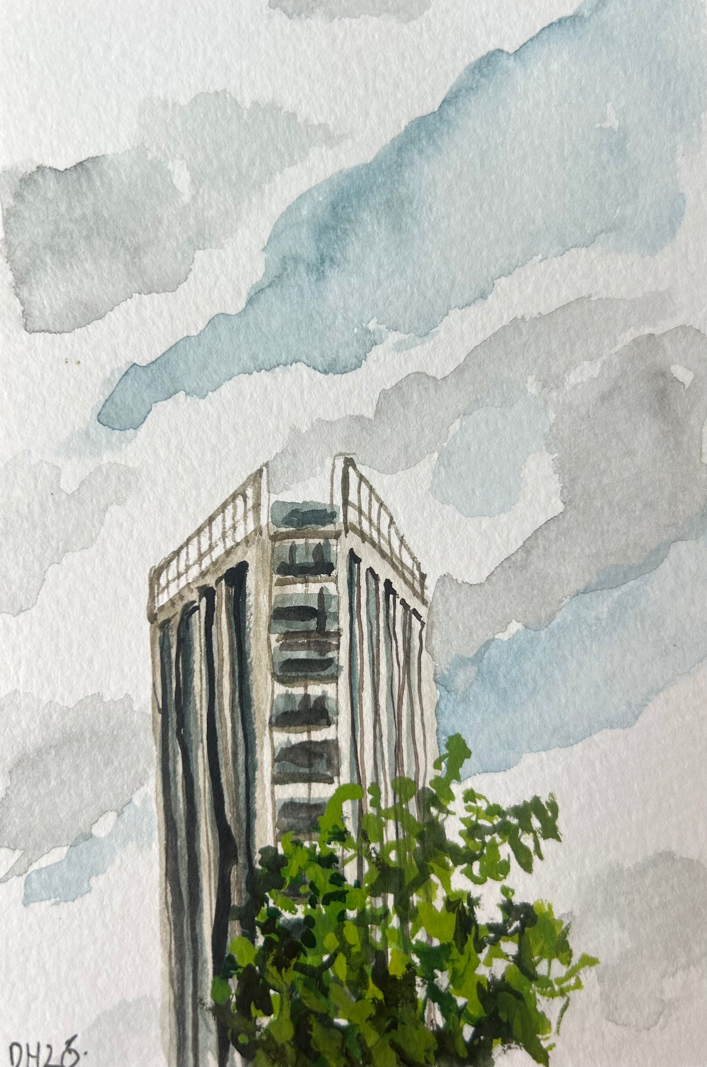 A set of three postcard paintings of buildings around Canada Water. Postcard Painting. watercolour.