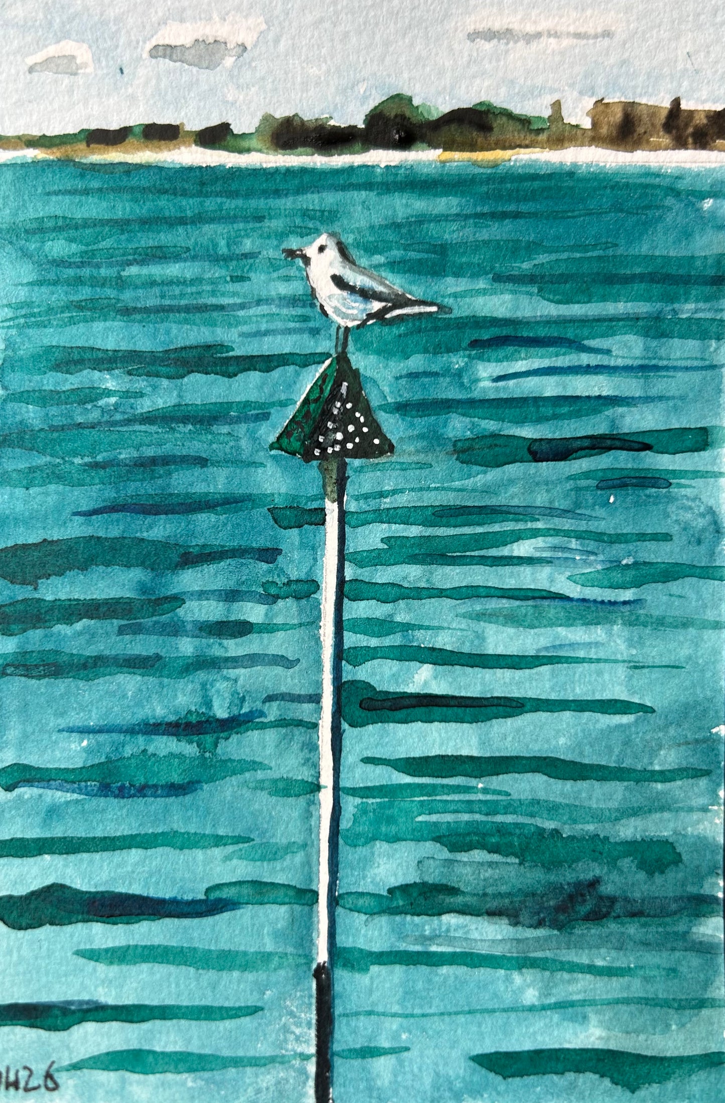 Seagull on stick in sea, Portsmouth. Postcard Painting. watercolour.