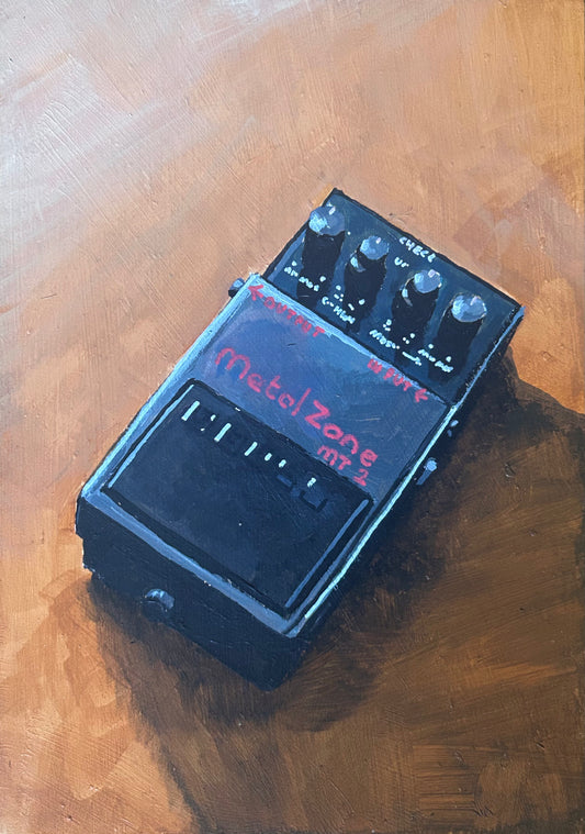 Boss Metal Zone pedal. Painting of guitar effects pedal. Acrylic on board. Framed. 2025