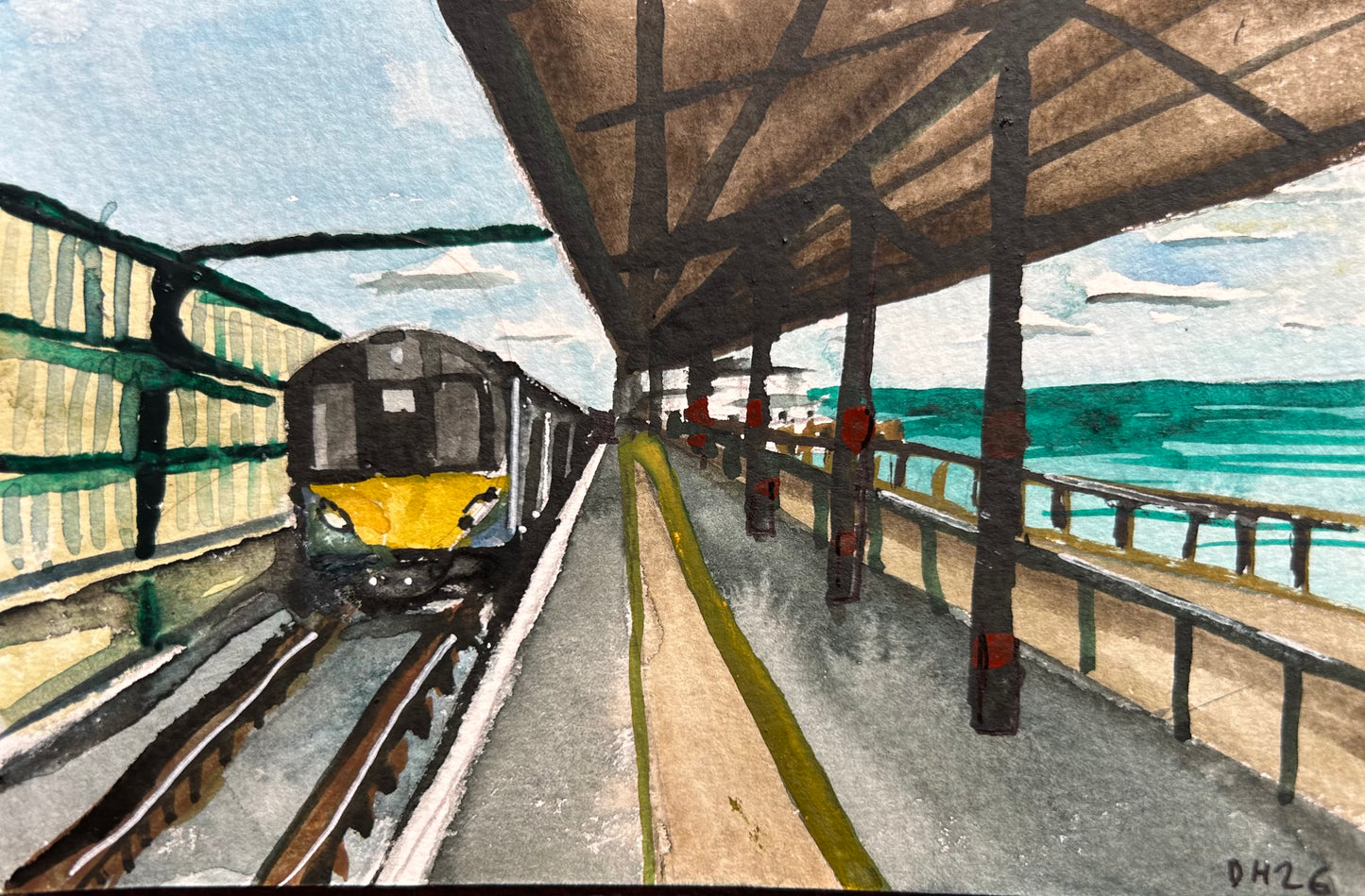 Ryde Pier Head Station, Isle of Wight. Postcard Painting. watercolour.