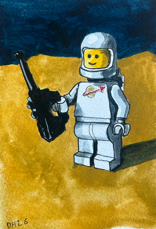 ‘I Can Hear Heaven’ Postcard painting of a Lego Spaceman figure 1978.