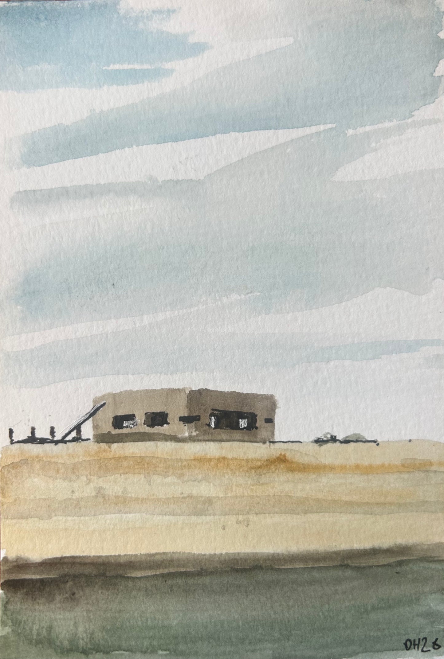 Pill Box. Rye Harbour, East Sussex 3/3. Postcard Painting. watercolour.