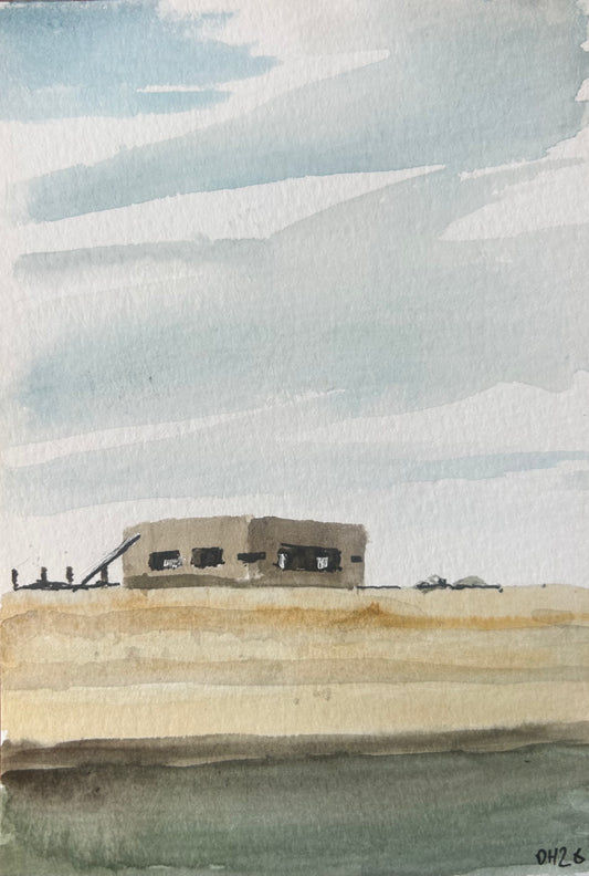 Pill Box. Rye Harbour, East Sussex 3/3. Postcard Painting. watercolour.