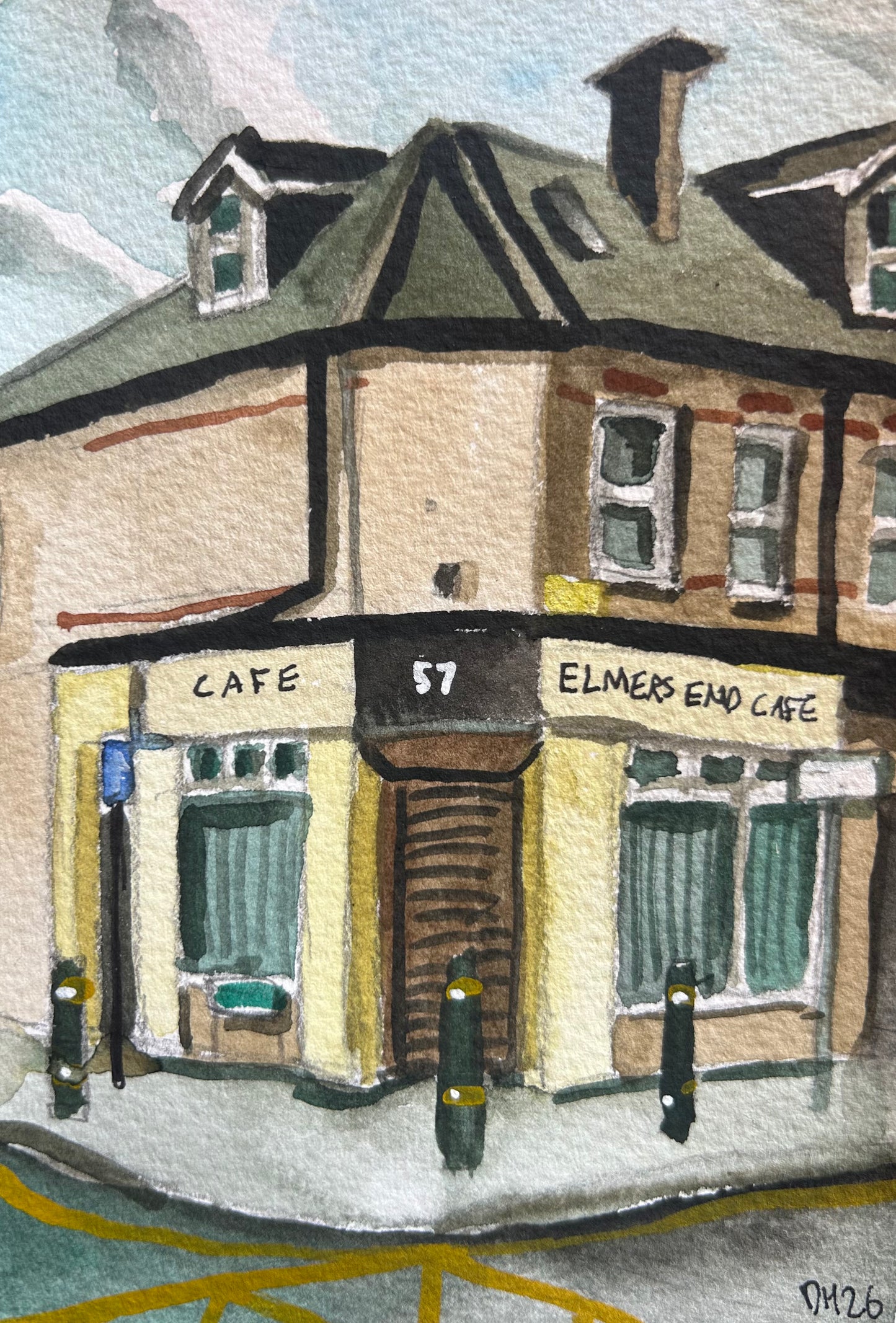 Elmer’s End Cafe, Beckenham, Croydon, Elmer’s End. Postcard Painting. watercolour.