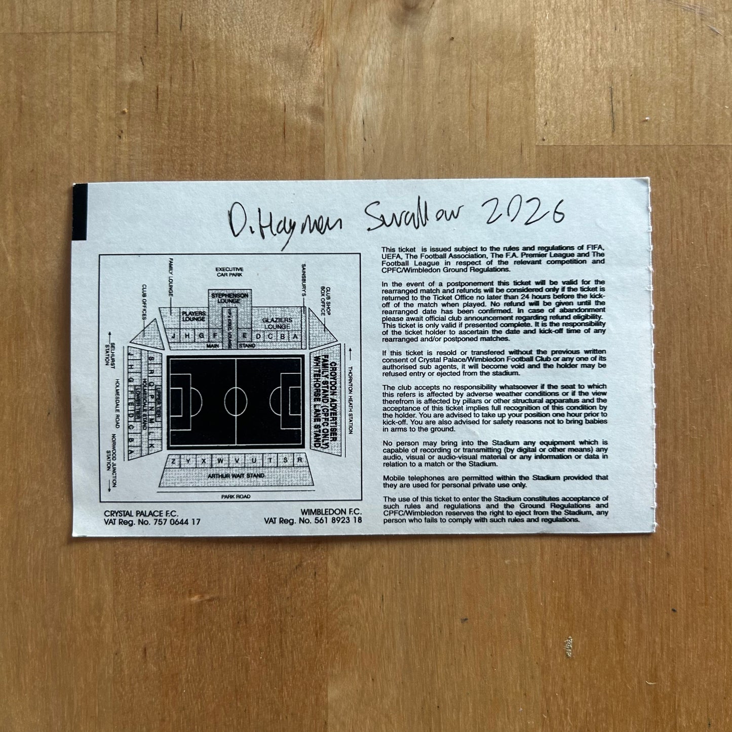 An Eagle painted onto a Crystal Palace football ticket : 2001/2002 16/2/2002 Premier Wimbledon FC v Crystal Palace. Watercolour.