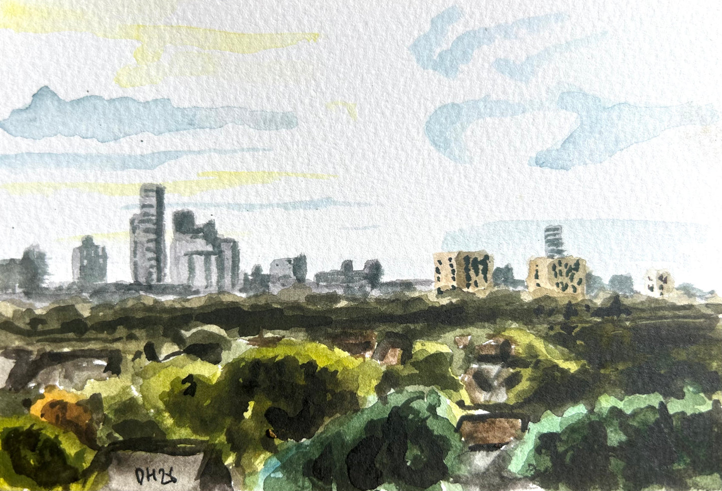 View of Croydon from Annerley. Postcard Painting. watercolour.