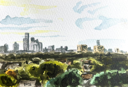 View of Croydon from Annerley. Postcard Painting. watercolour.