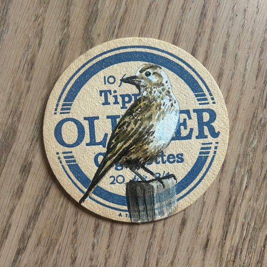 A Skylark painted onto an Oliver’s cigarettes drinks mat from the 1950s. Beermat painting. Watercolour.