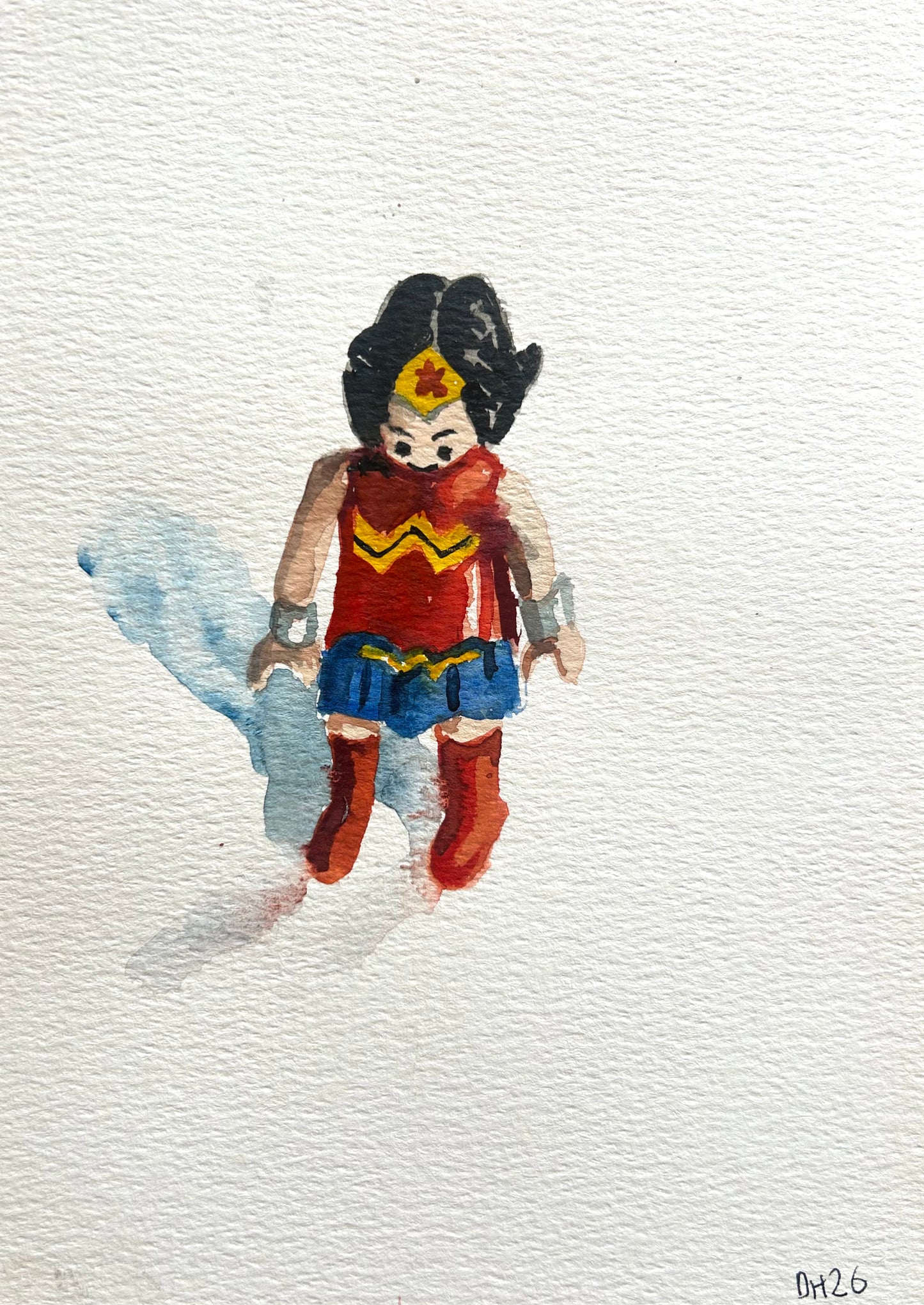 Playmobile Wonder Woman figure. A5 Painting. watercolour.