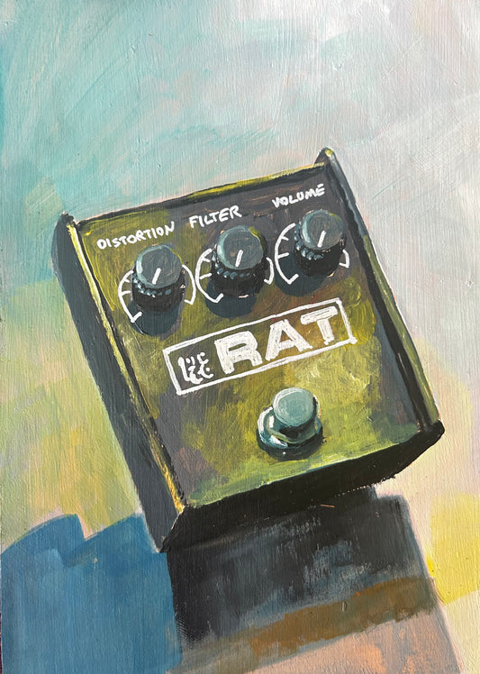 RAT distortion guitar effects pedal. Painting of guitar effects pedal. Acrylic on board. Framed. 2025