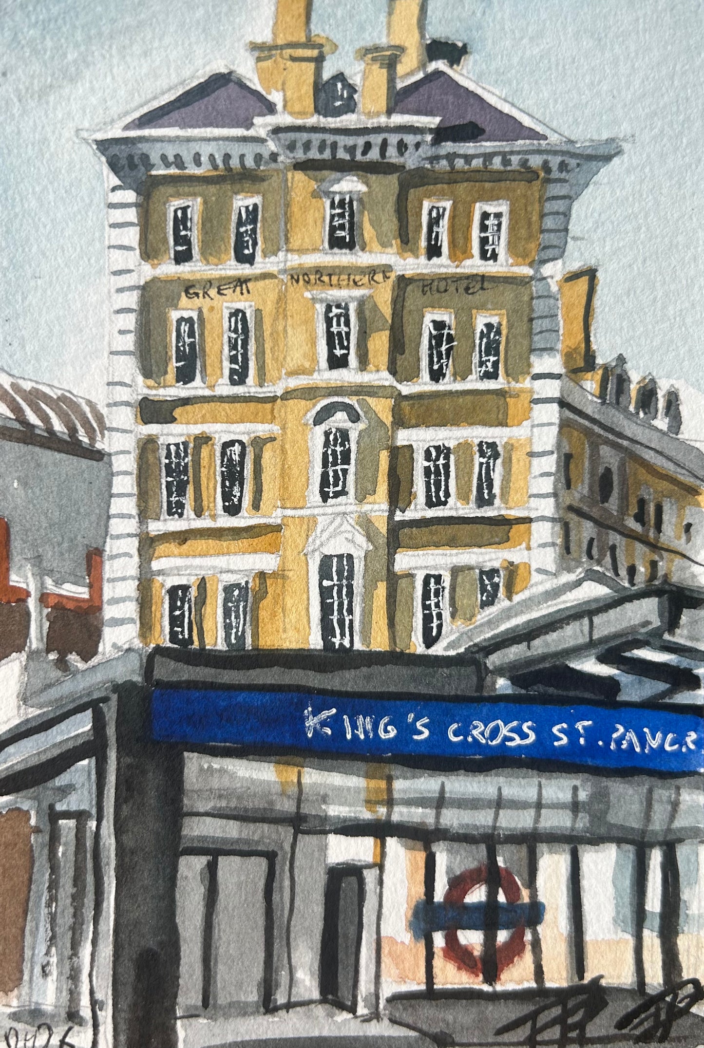 King’s Cross St St Pancras Underground Station, London. Postcard painting. Watercolour.