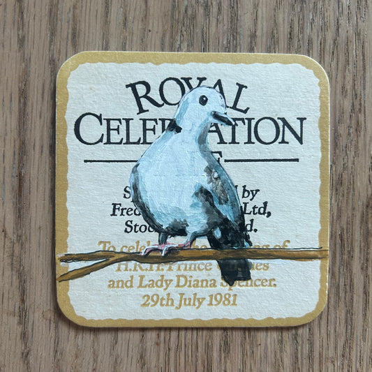 A Collared Dove painted onto a 1981 Royal Wedding drinks mat. Beermat painting. Watercolour.