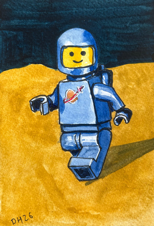 ‘Don’t worry I see you’ Postcard painting of a Lego Spaceman figure 1982.