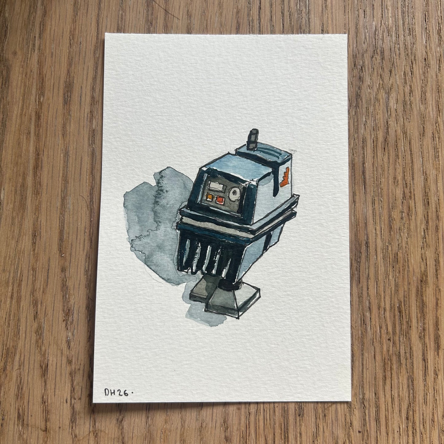 A painting of a power droid. Gonk droid. Star Wars figure from the 1970s. Postcard Painting. watercolour.