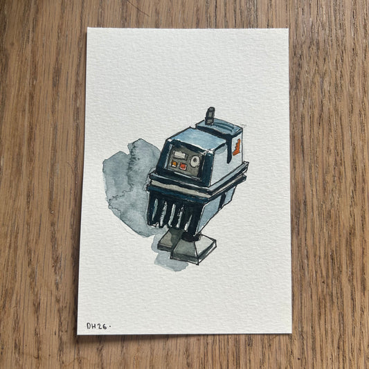A painting of a power droid. Gonk droid. Star Wars figure from the 1970s. Postcard Painting. watercolour.