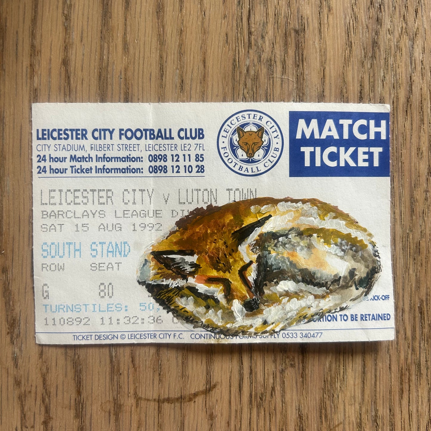 A fox painted onto a 1992 Leicester City  v Luton Town football ticket - Watercolour.