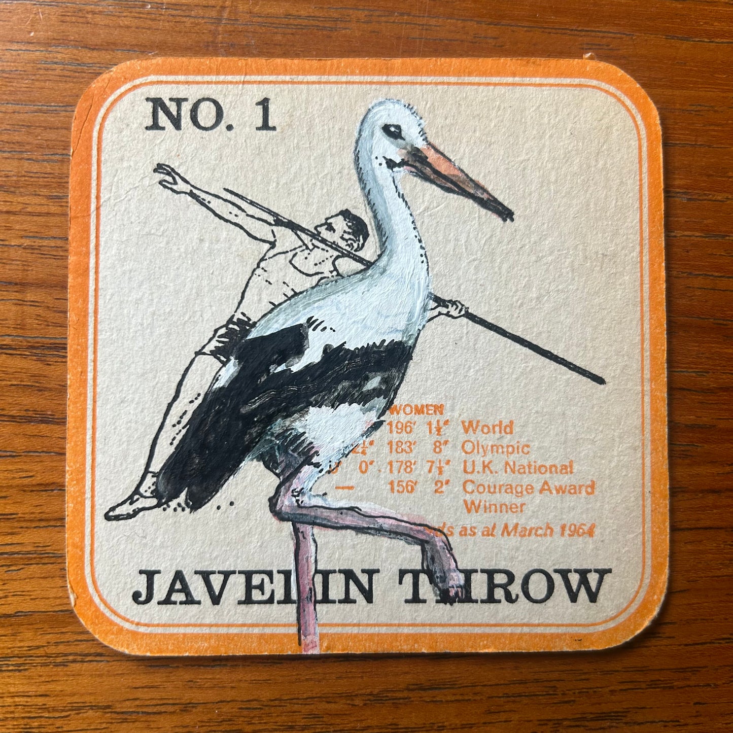 A Stork painted onto a Courage Beer ‘In The Field’ Athletics beer mat from 1964. Beermat painting. Watercolour.