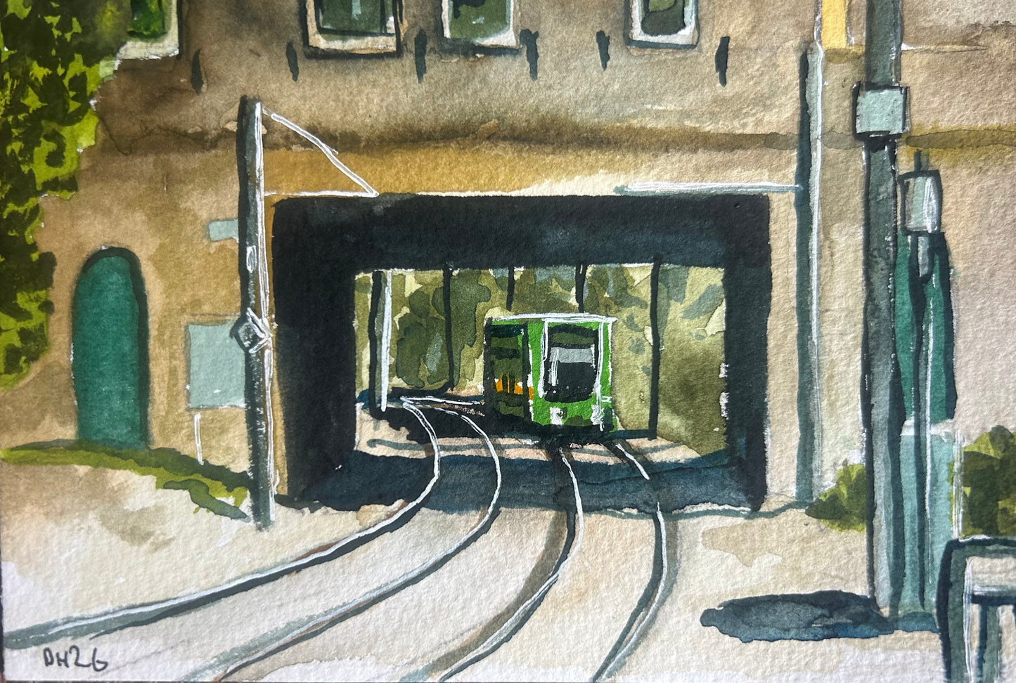 Woodside Tram Station. Croydon Tramline. London. postcard painting. Watercolour.