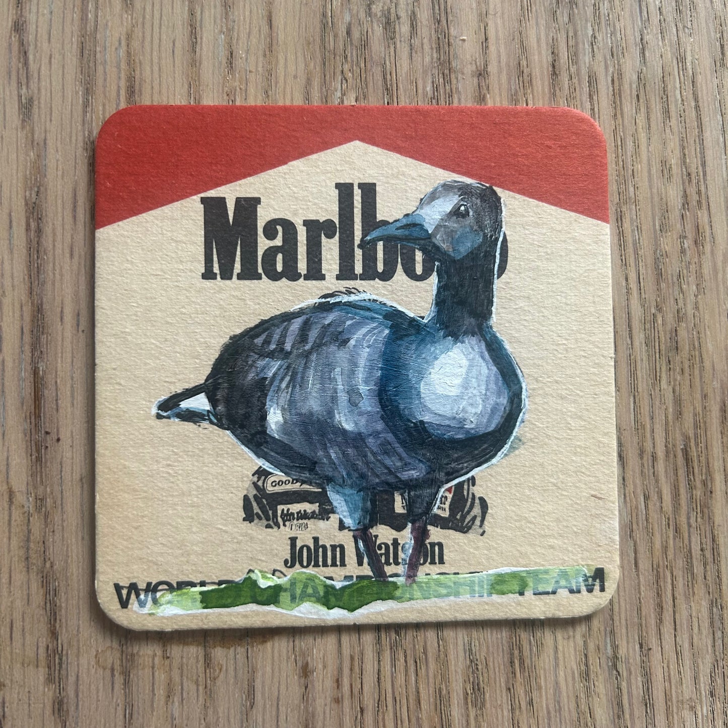 A Brent Goose painted onto a John Watson Malboro World Championship Team beer mat from the 1970s. Beermat painting. Watercolour.