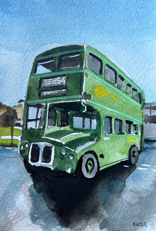 Postcard painting of a ‘Green Line' RMC (Routemaster Coach. Number 54 Bus. Beckenham. Elmers End.