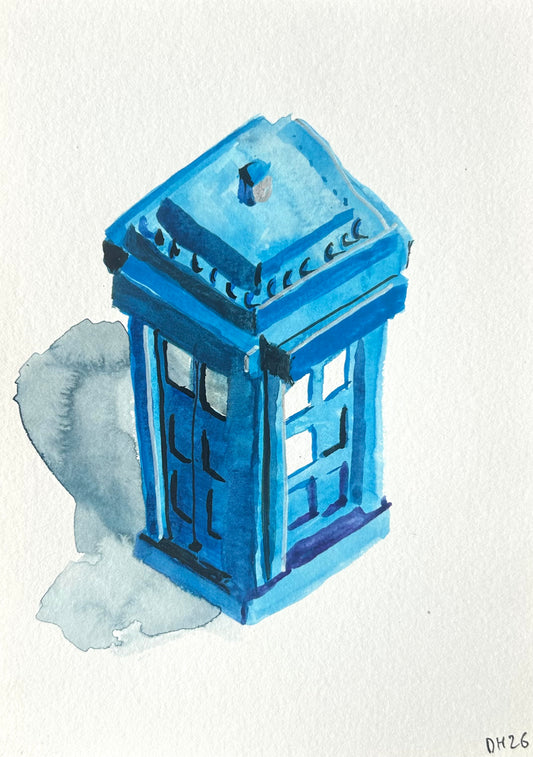Painting of a fake Lego Tardis from Temu. A5 Painting. watercolour.