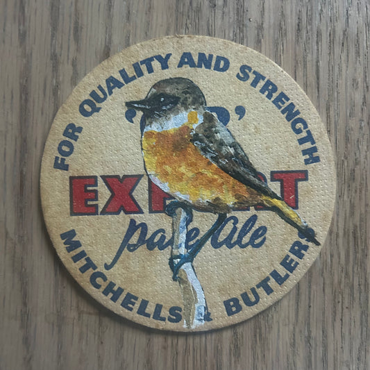 A Stone Chat painted onto a Mitchell’s and Butler Pale Ale beer mat from 1958. Beermat painting. Watercolour.