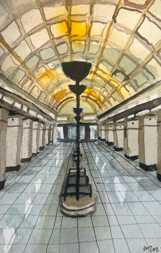 Gants Hill Underground Station, London. Postcard painting. Watercolour.