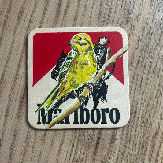 A Yellow Hammer painted onto a Marloboro drinks mat from the 1970s. Beermat painting. Watercolour.