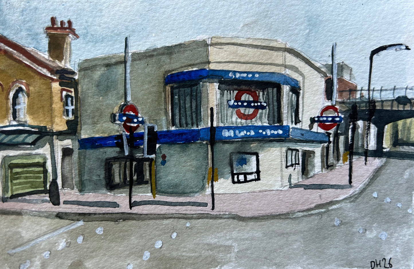 Balham Underground Station, London. Postcard painting. Watercolour.