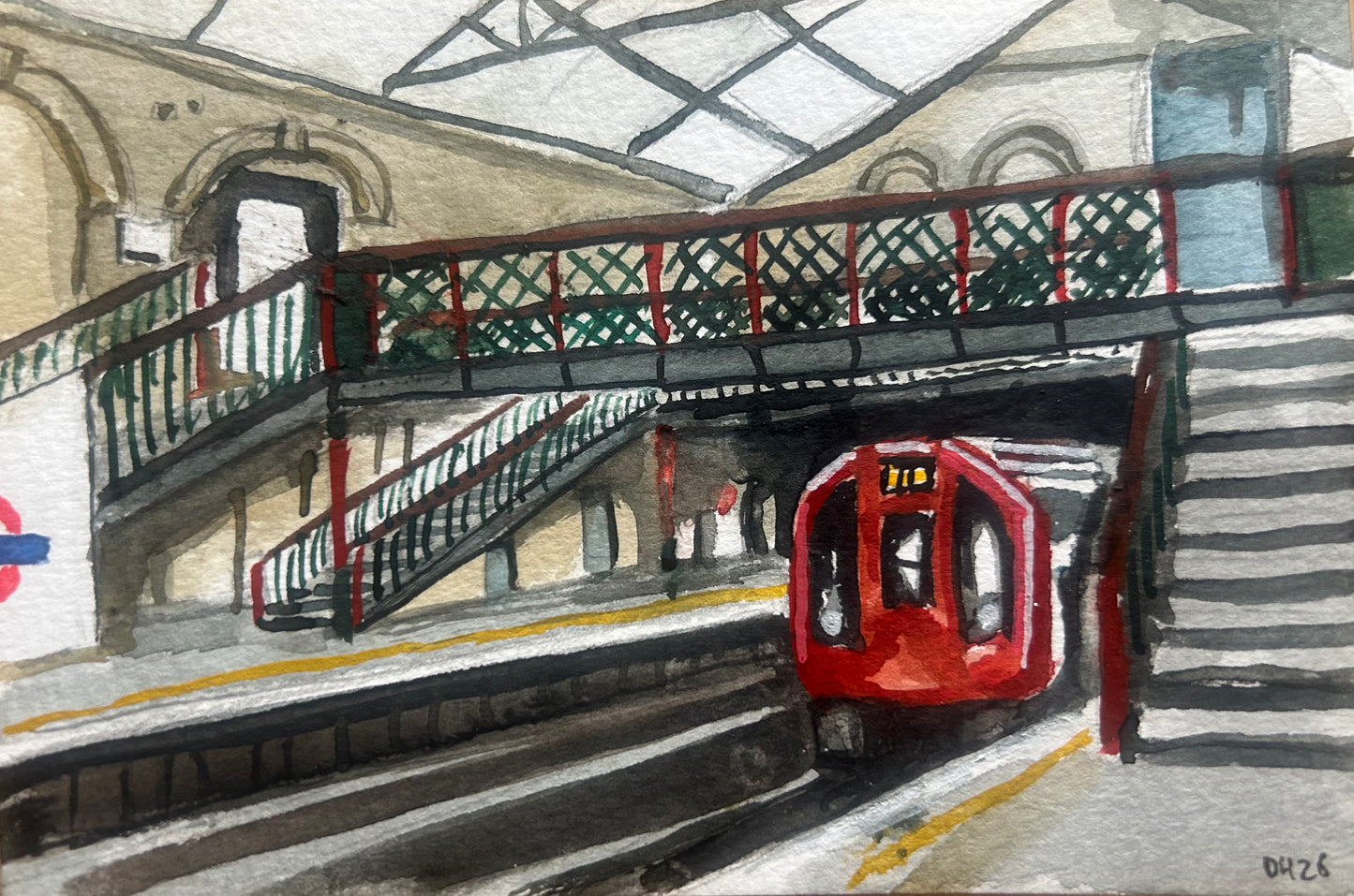 West Brompton Underground Station, London. Postcard painting. Watercolour.