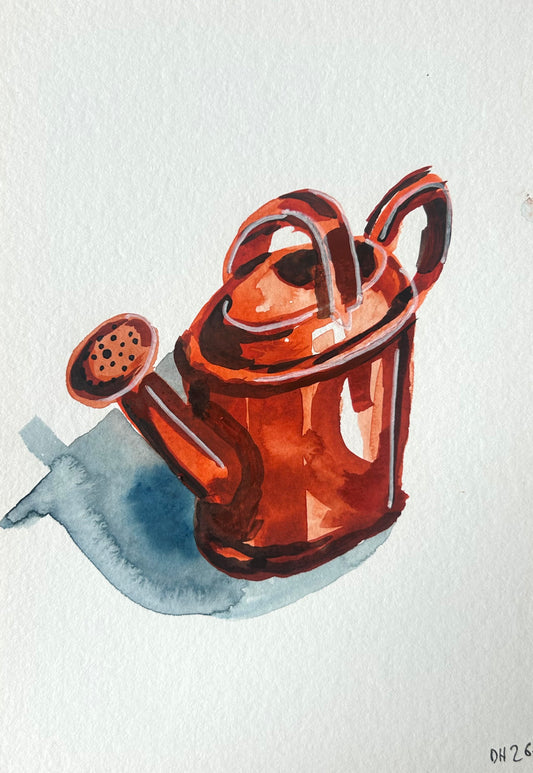 Painting of a red watering can. A5 Painting. watercolour.