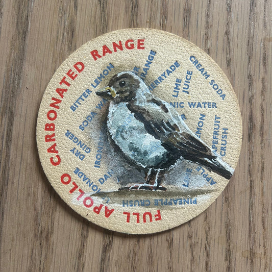 A sparrow painted onto an Apollo Fruit Drinks drinks mat from the 1950s. Beermat painting. Watercolour.