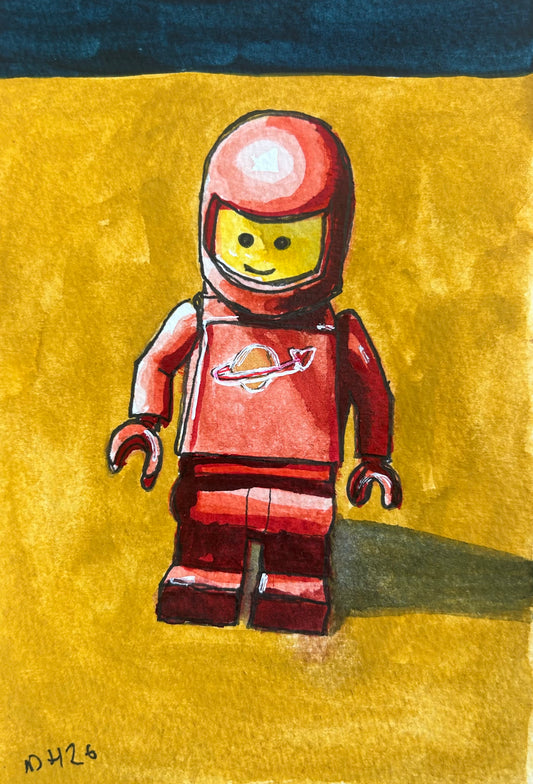 ‘I Have Always Been Ready’ Postcard painting of a Lego Spaceman figure 1978.