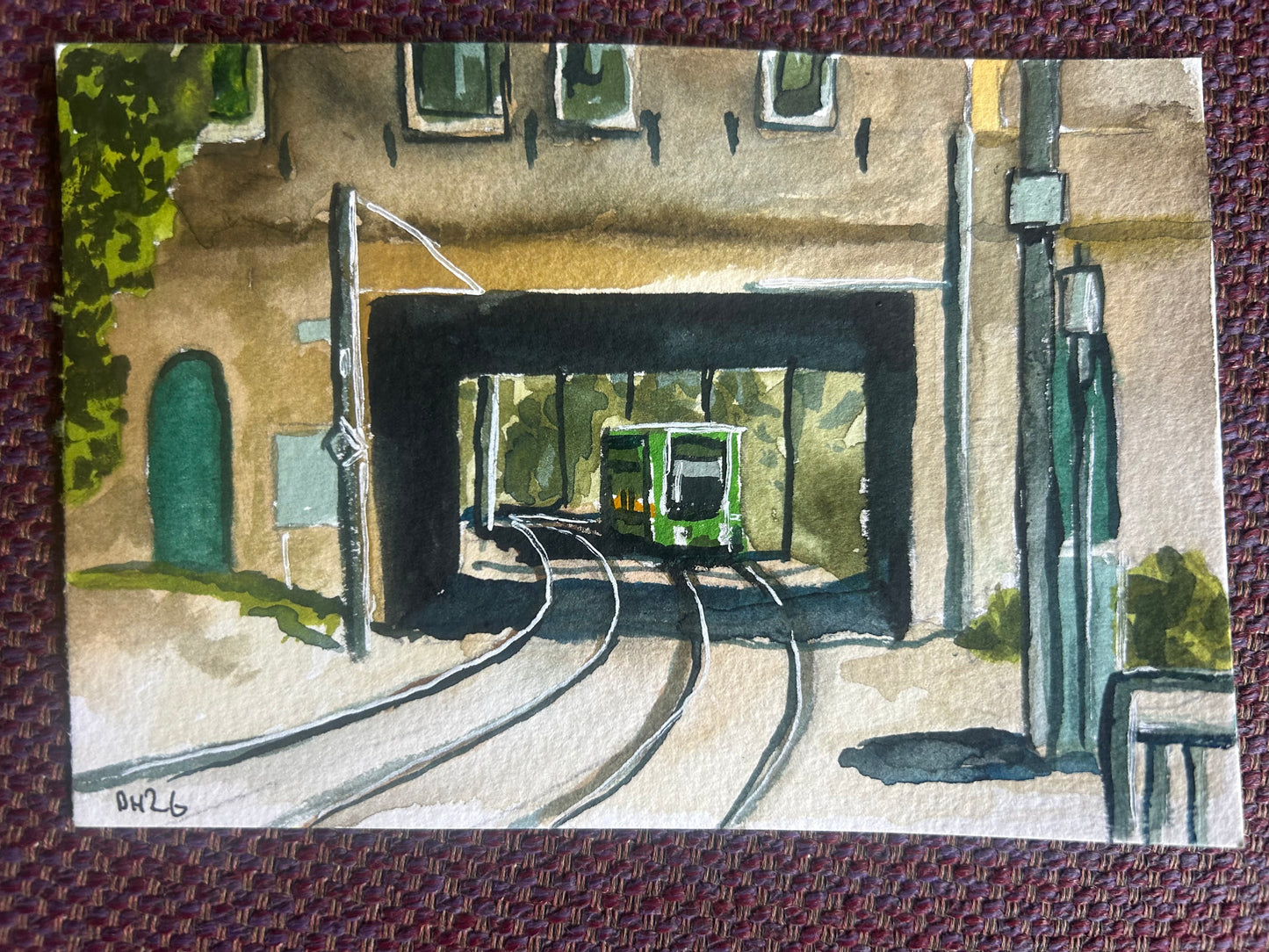 Woodside Tram Station. Croydon Tramline. London. postcard painting. Watercolour.