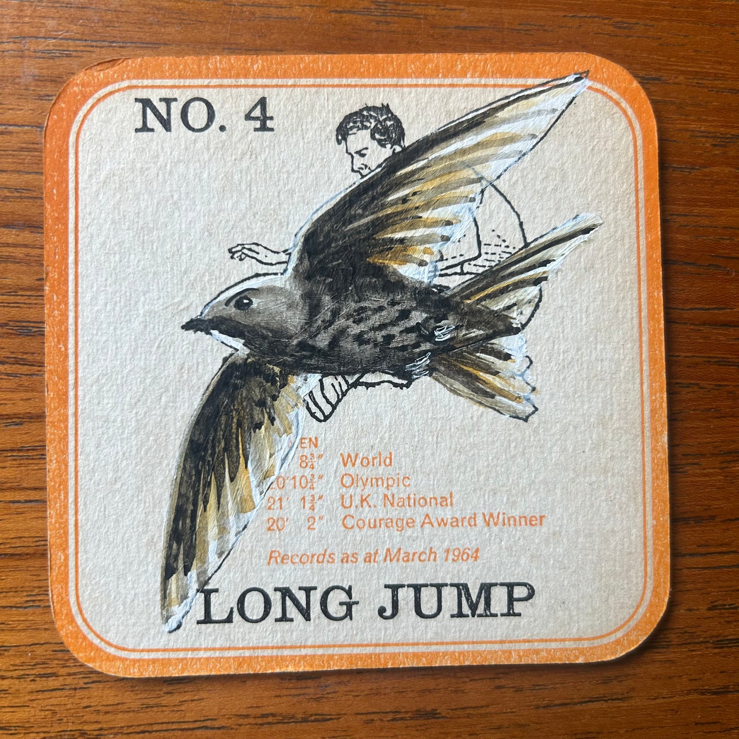 A Common Swift painted onto a Courage Beer ‘In The Field’ athletics beer mat from 1964. Beermat painting. Watercolour.